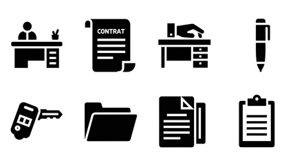 Office icons set: contract, desk, pen, key, folder, document