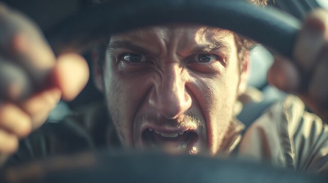 Frustrated driver stuck in traffic city streets low resolution image urban environment close-up view stress and anxiety concept