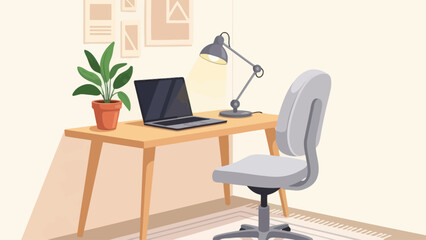 Minimalist home office with laptop and desk lamp.