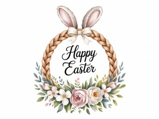 Happy Easter decorative wreath with braided hair, bow, bunny ears and pink flowers, greeting card
