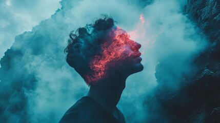 A man's profile, with his head engulfed in flames, stands against a backdrop of swirling clouds. The image is a surreal and artistic exploration of the power of the human mind and spirit.