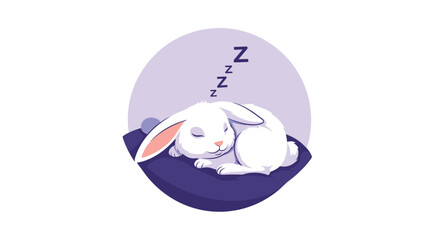 Fototapeta premium Adorable illustration of a white bunny rabbit sleeping soundly on a dark purple cushion within a circular frame for children stories.