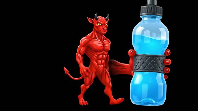 Cartoon vector illustration of a happy little red devil imp character mascot presenting a tempting fudgy chocolate brownie dessert dusted with sweet white powdered sugar on a black background graphic