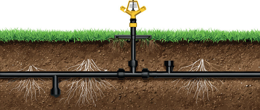 Underground garden irrigation system cross-section vector illustration, automatic sprinkler head with water pipe network installed in soil beneath green grass lawn.