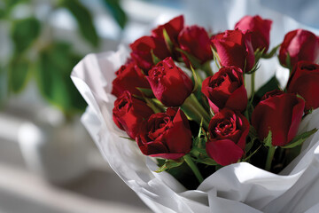 Fototapeta premium A stunning arrangement of vibrant red roses beautifully wrapped, symbolizing love and appreciation, perfect for special occasions or as a heartfelt gift.