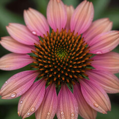 Detailed close-up of pink and orange echinacea in full bloom with water droplets, vibrant colors, and textured petals against a dark green background