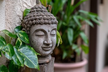 Obraz premium Serene Buddha head statue nestled amongst lush green foliage in a tranquil garden setting