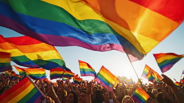 Cinematic wide shot of a joyful diverse crowd waving numerous rainbow flags against a bright summer sky during a pride parade celebration, embodying lgbtq plus community solidarity.