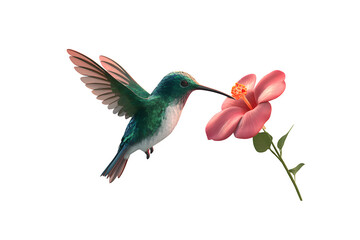Fototapeta premium Hummingbird feeding on hibiscus isolated on transparent background