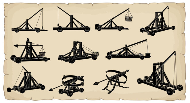 Medieval Wooden Catapult and Trebuchet Vector Illustration Set
