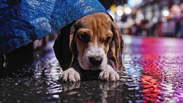 sad puppy eyes - A forlorn beagle cowers under a blue umbrella in a rain-soaked street, reflecting colorful city lights, capturing a moment of vulnerability and urban solitude