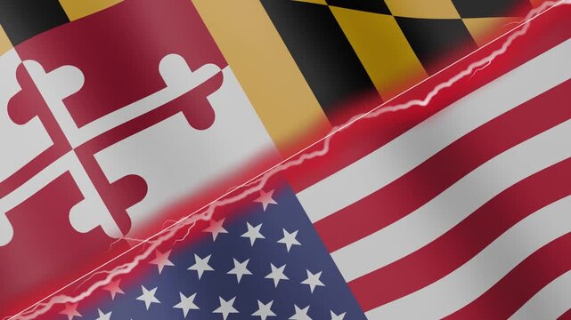 Two waving flags Maryland and United States with diagonal lightning seamless, 4k loop