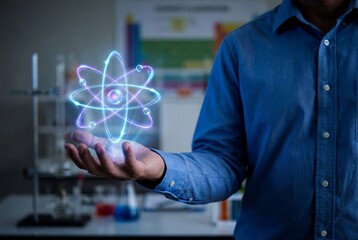Scientist teacher with holographic atom in laboratory classroom
