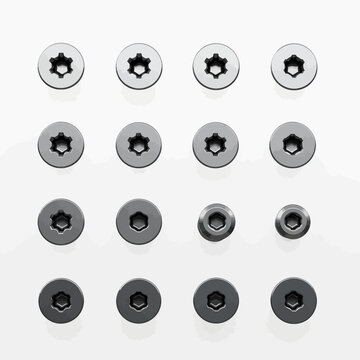 Vector set of metallic hex and torx screw heads, various sizes, silver and dark gray, isolated on white
