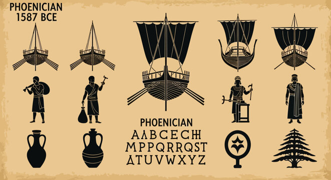 Phoenician civilization vector illustration set with ancient ships, people, pottery, alphabet, and cedar tree silhouettes on aged paper texture