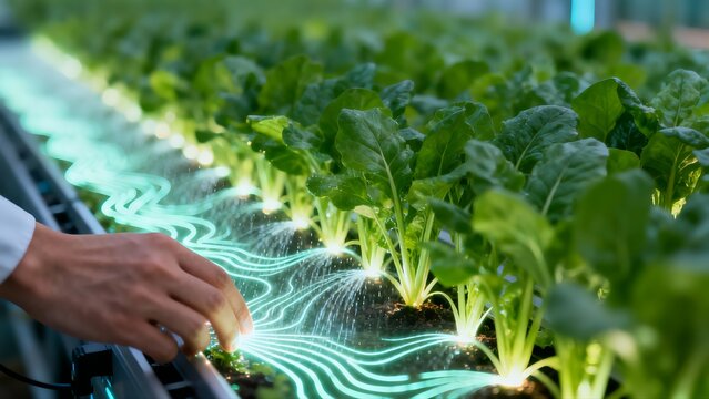 Smart Greenhouse IoT Sensor with Glowing Digital Data Streams. Precision Hydroponic Water Management System for Sustainable Vertical Farming and Automated Nutrient Delivery