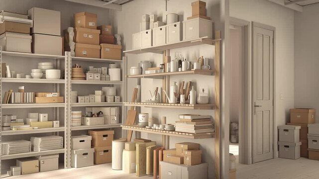 Home storage room interior with logical zoning, boxes and shelves arranged by function, clean contemporary style, soft natural lighting, realistic textures and shadows, commercial editorial 