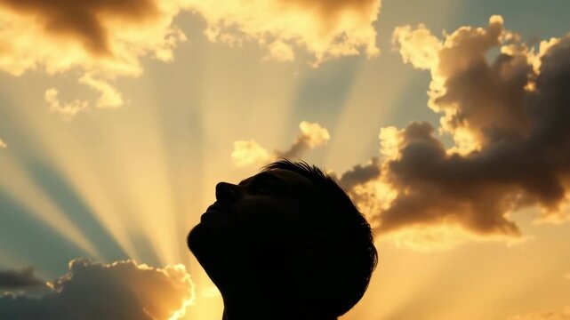 Man Praying at Sunrise with Sun Rays, Hopeful Sky