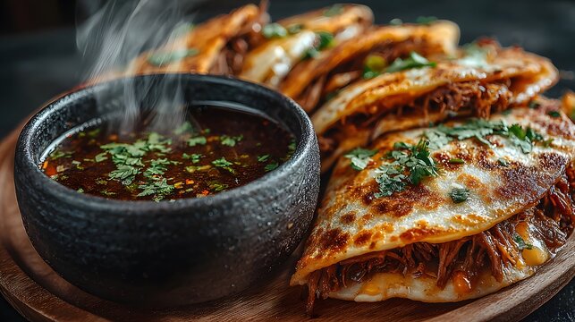 Plate of delicious birria tacos with cheese and meat served with a small bowl of consomm&eacute; dip and cilantro garnish in dark moody photo style.
