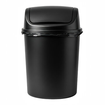 Sleek black plastic trash can with swing lid and garbage liner, isolated on transparent background.