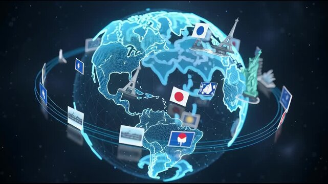 Animated globe with landmarks and flags representing international travel