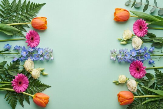 Beautiful spring flower border with orange tulips and pink gerberas on pastel mint green background