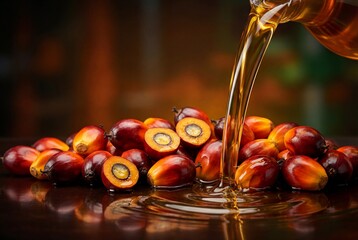 Fototapeta premium Pouring golden cooking oil onto a heap of fresh ripe red palm fruits on a dark glossy surface