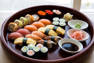 Assortment of fresh sushi and sashimi on wooden serving tray