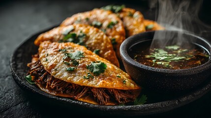 Obraz premium Plate of delicious birria tacos with cheese and meat served with a small bowl of consommé dip and cilantro garnish in dark moody photo style.