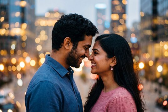 Romantic indian couple smiling while touching noses against blurred urban evening lights outdoors