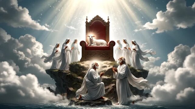Lamb on Throne Surrounded by Angels and Elders in Heavenly Vision, Rays of Light and Clouds