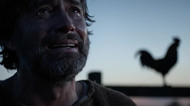 Sorrowful Man at Dawn with Rooster Silhouette Crying Betrayal, Biblical Concept