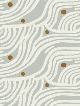 Minimalist boho wavy zigzag pattern: hand drawn grey lines & gold dots, japandi abstract geometric textile design. Seamless neutral scandinavian fabric texture, modern organic wallpaper background