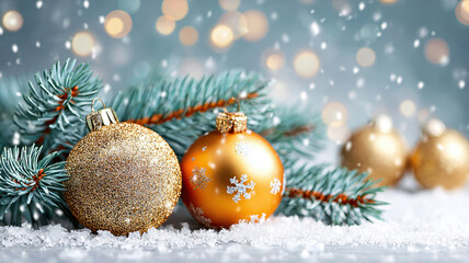 Fototapeta premium Golden Christmas Ornaments on Snow, Festive Holiday Decoration with Bokeh Lights Background, Winter Season, Copy Space, Christmas and New Year Celebration