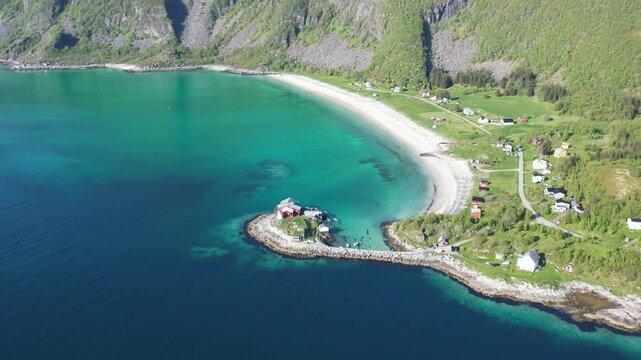 Norway Senja island coast and beach, aerial view