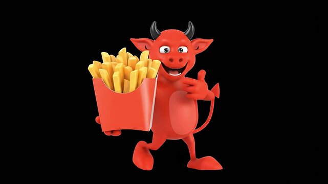 Cute red devil character balancing a large glass bowl overflowing with vibrant healthy fresh tropical fruit salad on his head against a dark isolated black background