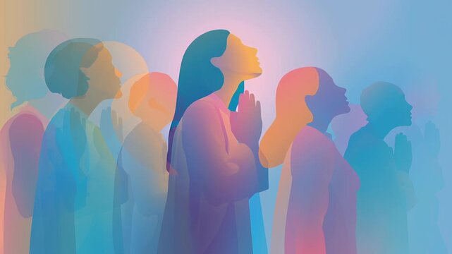 A group of people are standing in a line.Faith and worship community scene, abstract representation of people praying together, soft gradients, minimalist style, spiritual and clean illustration