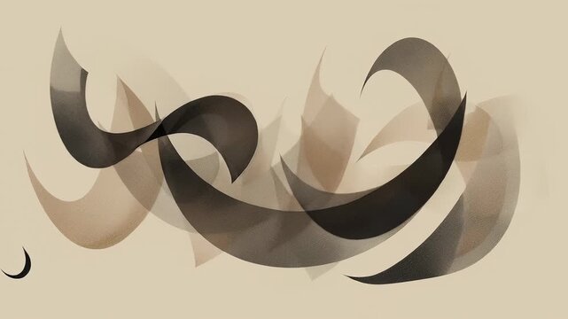Islamic calligraphy abstraction, graceful ink-like curves inspired by arabic script without legible letters, calm neutral palette, minimalist composition, refined editorial artwork