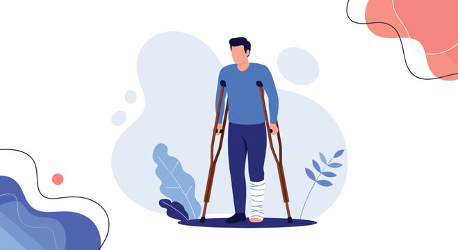 Young man walking with crutches and a broken leg in a plaster cast against a clean white background with abstract blue shapes.