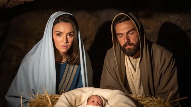 Holy Family illustration in classic christian style, warm earthy colors, religious art representing father and mother of baby Jesus together concept