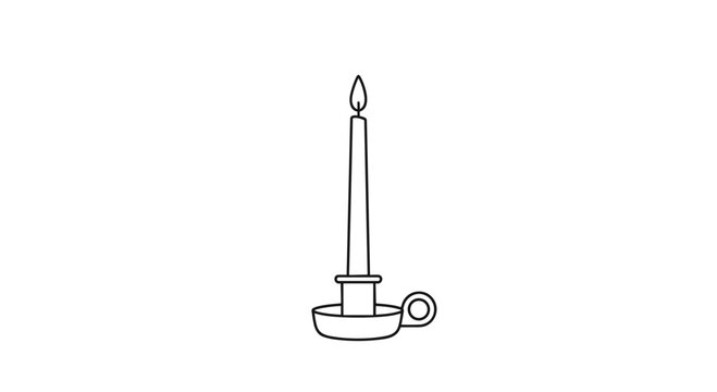 Single lit candle stands tall in a traditional metal holder with a thumb grip, drawn in a simple black and white line art style.