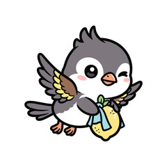 Cute cartoon penguin holding fish flying with wings isolated on white background