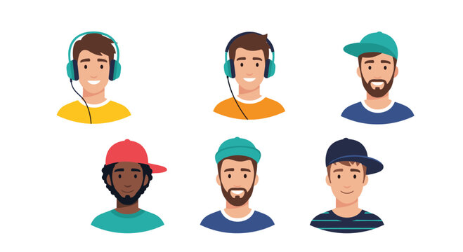 Collection of six diverse male character avatars shows various young men wearing casual clothing, hats, and headphones for music listening.
