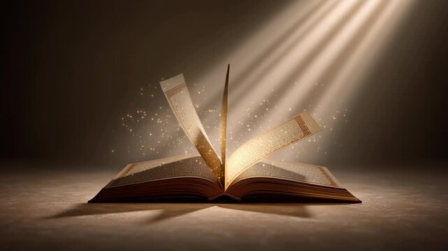 A book is open to a page with a bright light shining on it. Islamic holy scripture concept art, sacred book with gentle light rays, minimalist setting, warm neutral tones, serene spiritual mood