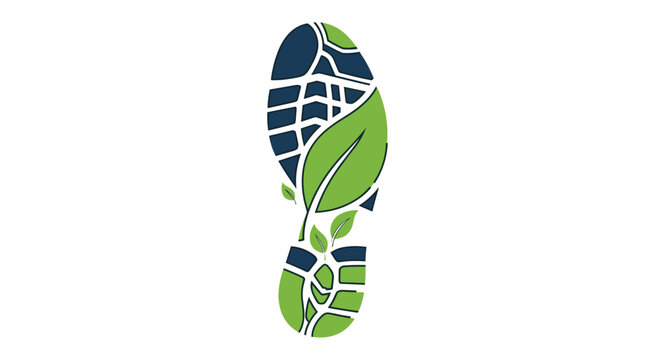 Unique footprint logo combines a dark blue shoe sole tread with vibrant green leaves to represent an eco-friendly carbon footprint.