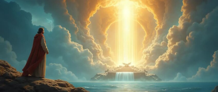 Apostle John witnessing heavenly vision on Patmos, radiant light from sky illuminating throne above sea, Revelation story concept