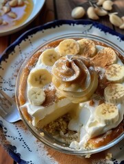 Delicious banana banoffee pie dessert with creamy pudding base buttery graham cracker crust topped with whipped cream swirls fresh banana slices caramel sauce and a dusting of cinnamon in glass bowl