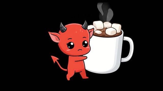 Evil red devil character mascot with big horns and a scary smile looks greedily at a juicy delicious cheeseburger on a green screen background