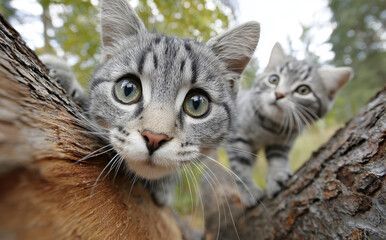 Fototapeta premium Two curious gray kittens explore a tree trunk, close up, playfully peering at the camera.