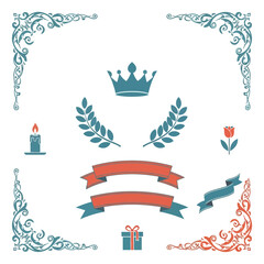 Obraz premium Decorative set with crown, laurel wreaths, ribbons, candle and gift box